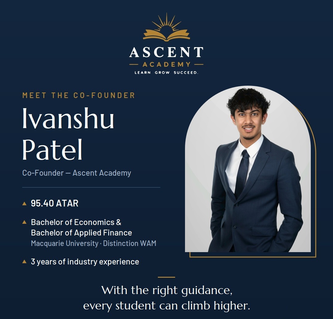 Poster introducing Ivanshu Patel, Co-Founder of Ascent Academy. Quote: With the right guidance, every student can climb higher.